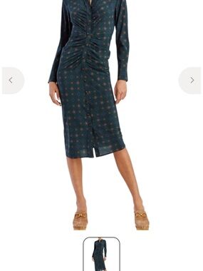 Veronica Beard Mesika Dress - Ruched Front Midi Skirt in Dark Teal Geo Print